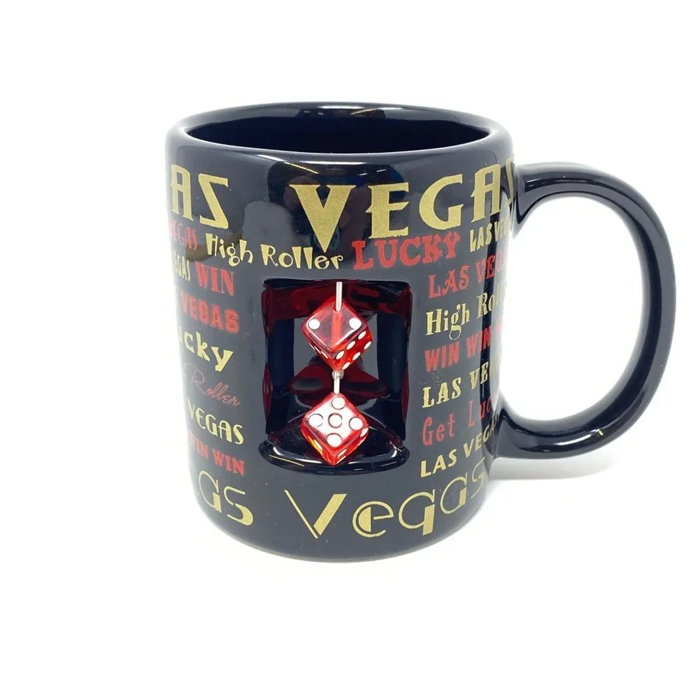 Las Vegas Black Coffee Mug Gold Red Writing High Roller 2 Red Dice On Mug